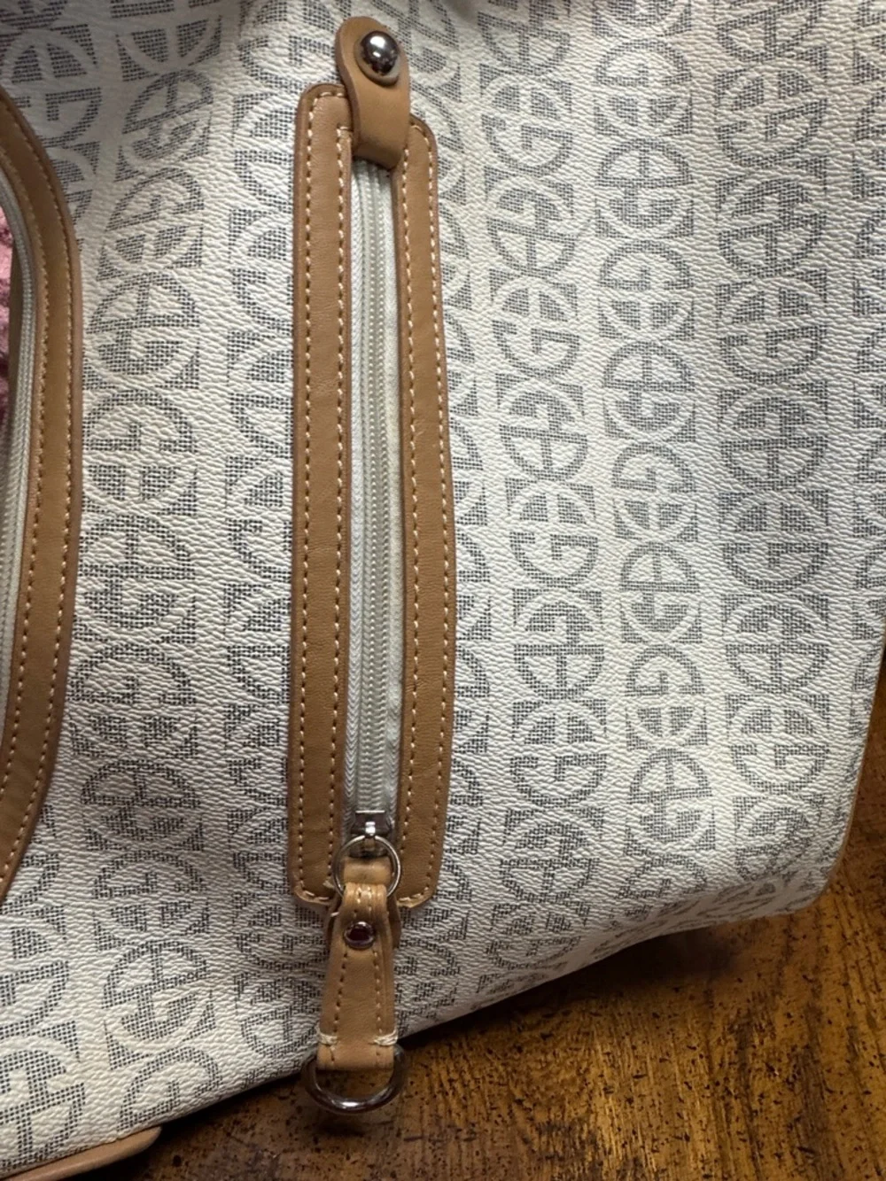 Giani Bernini Ivory‎ Logo-Print Shoulder Bag with Tan Trim